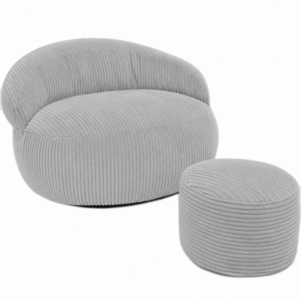 Pouf xxl déhoussable velours côtelé 110x100 + repose-pieds gris clair