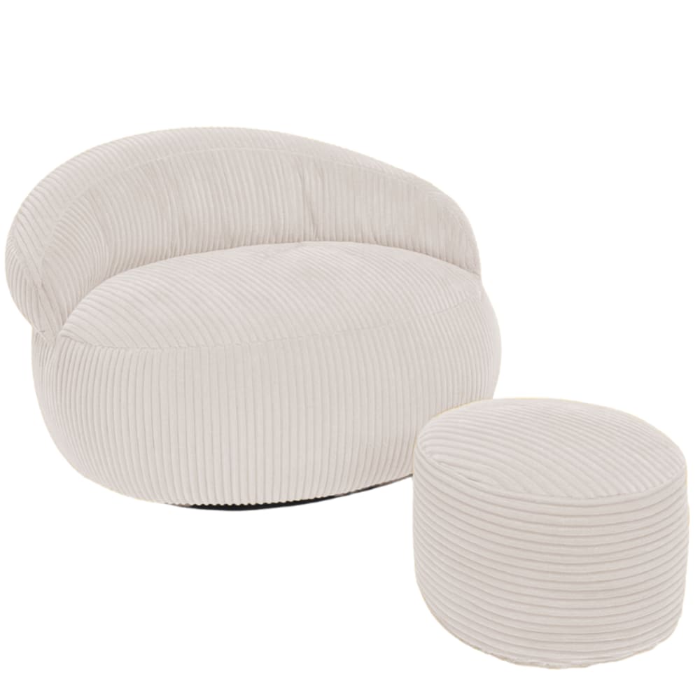 Pouf xxl déhoussable en velours côtelé 110x100 cm + repose-pieds beige