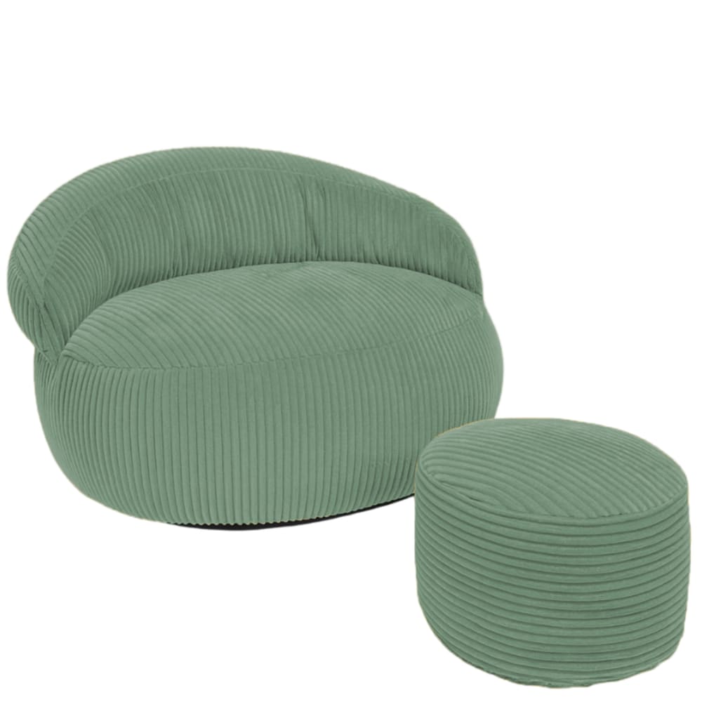 Pouf xxl déhoussable en velours côtelé 110x100 cm + repose-pieds vert