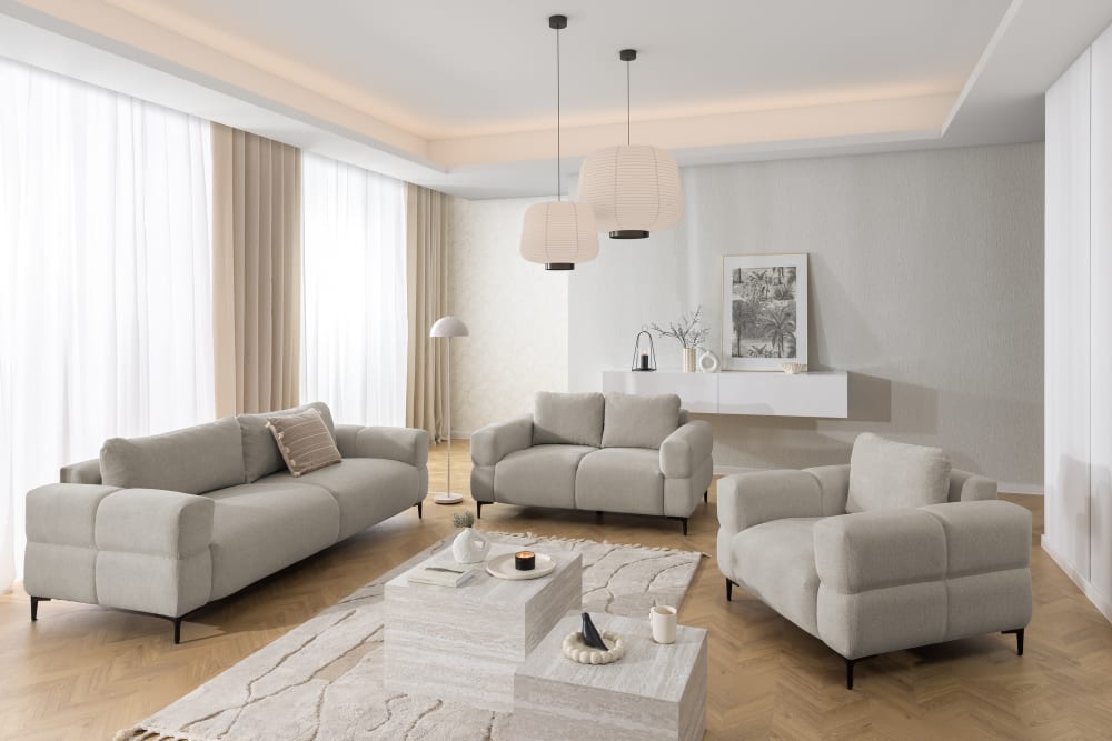 Polstergarnitur 2+1 in Bubble-Optik aus Taupe Strukturstoff -