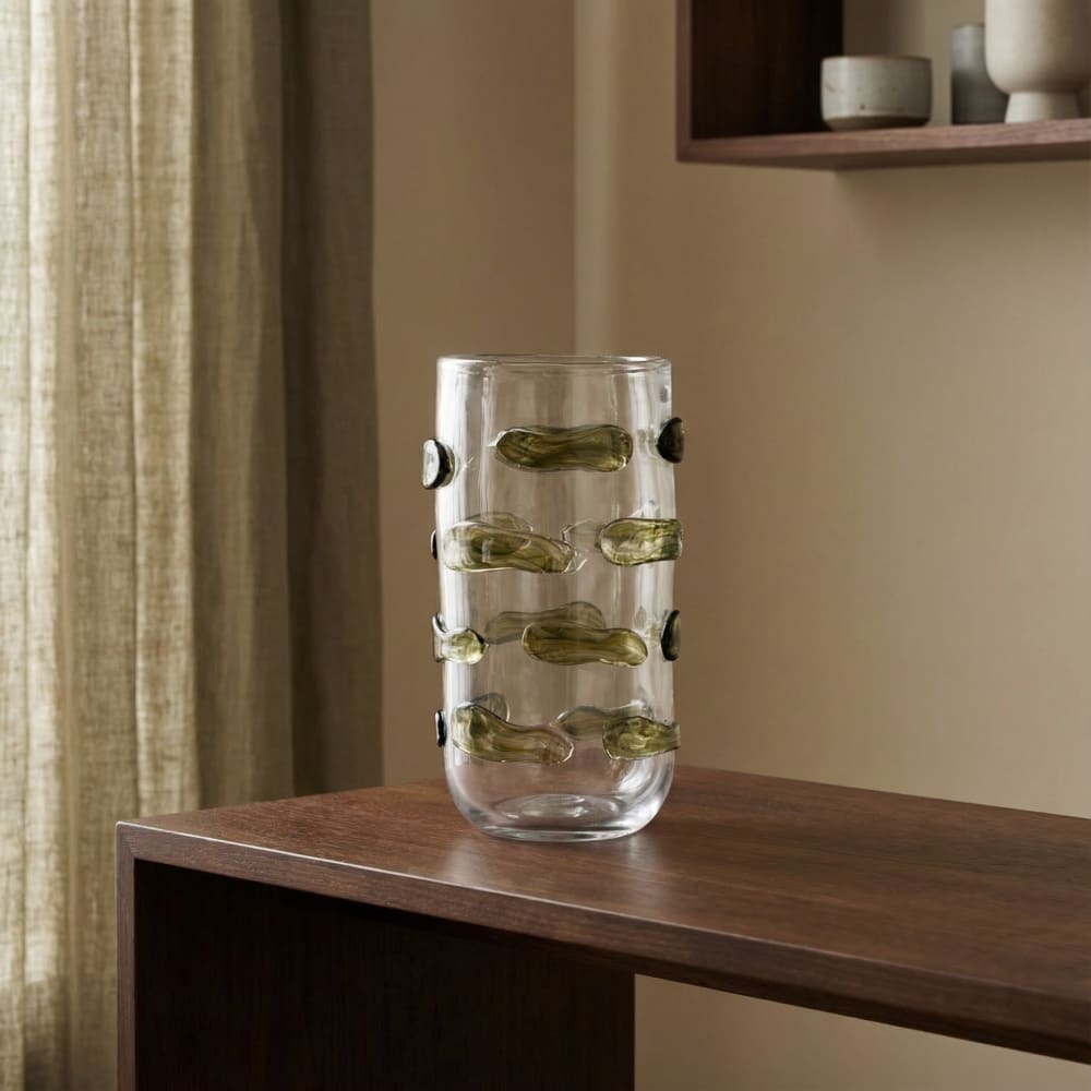 Vase décoratif en verre soufflé vert et transparent h29