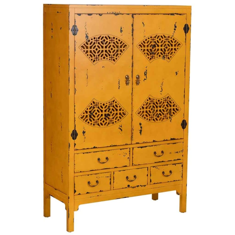 Wanderlust deco gealterter Holzschrank, 96x40x150h cm, Gelber style exotic Gelb Spanplatte