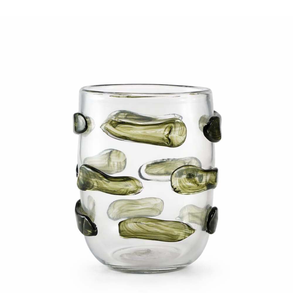 Vase décoratif en verre soufflé vert et transparent H28