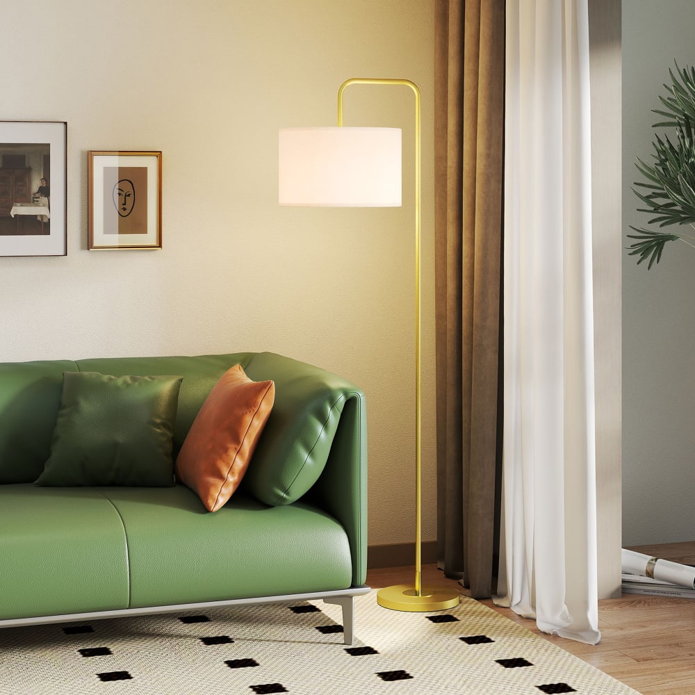 Lampadaire sur pied interrupteur à pied aspect lin et acier doré blanc — vue 3