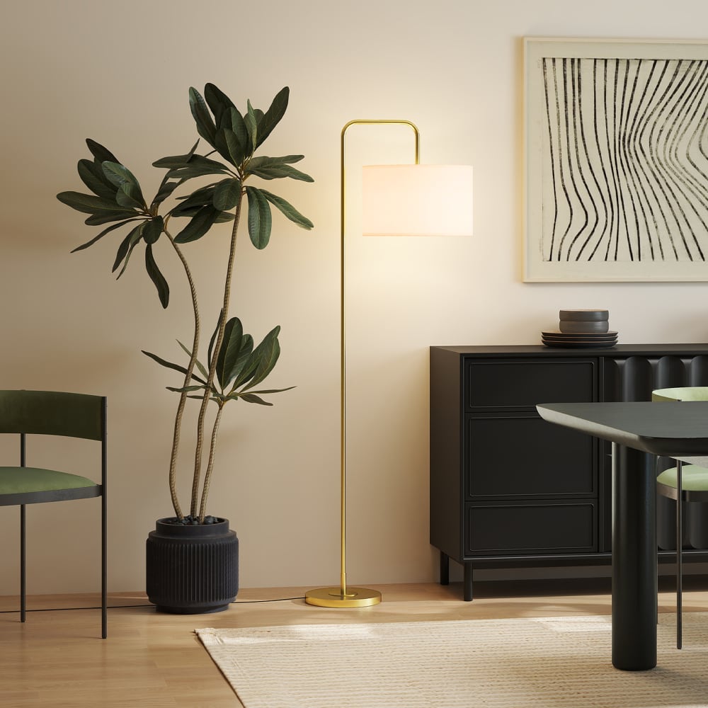 Lampadaire sur pied interrupteur à pied aspect lin et acier doré blanc — vue 4
