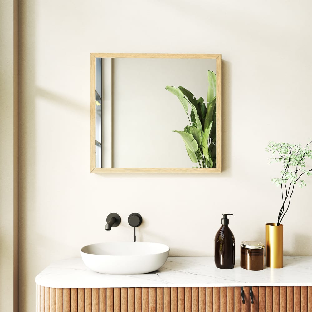 Miroir mural carré 50x50cm cadre bois naturel