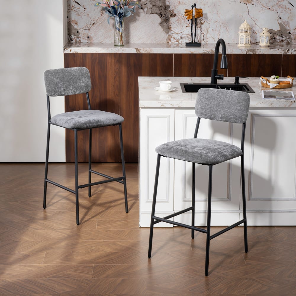 Lot 2 tabourets de bar assise large dossier haut tissu chenille gris