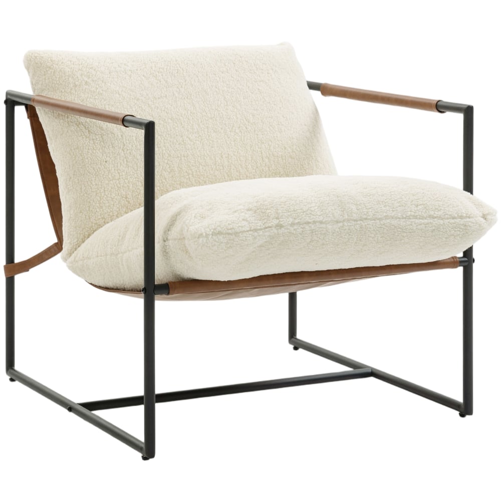 Fauteuil salon large assise structure en acier tissu bouclette crème