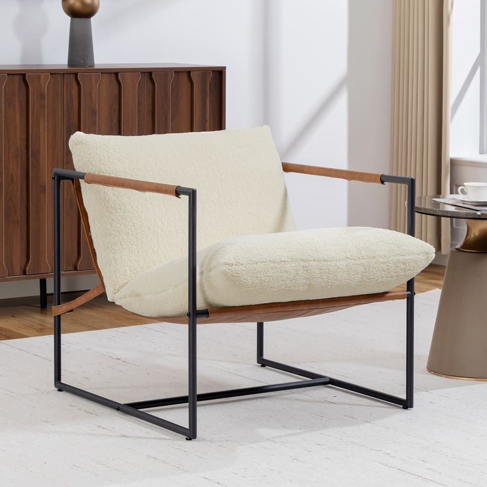 Fauteuil salon large assise structure en acier tissu bouclette crème
