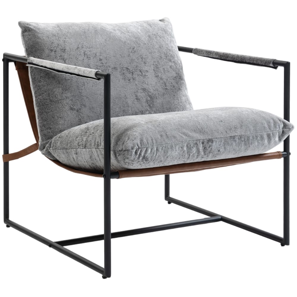 Fauteuil salon large assise structure en acier velours imprimé gris Fauteuil salon large assise structure en acier velours imprimé gris