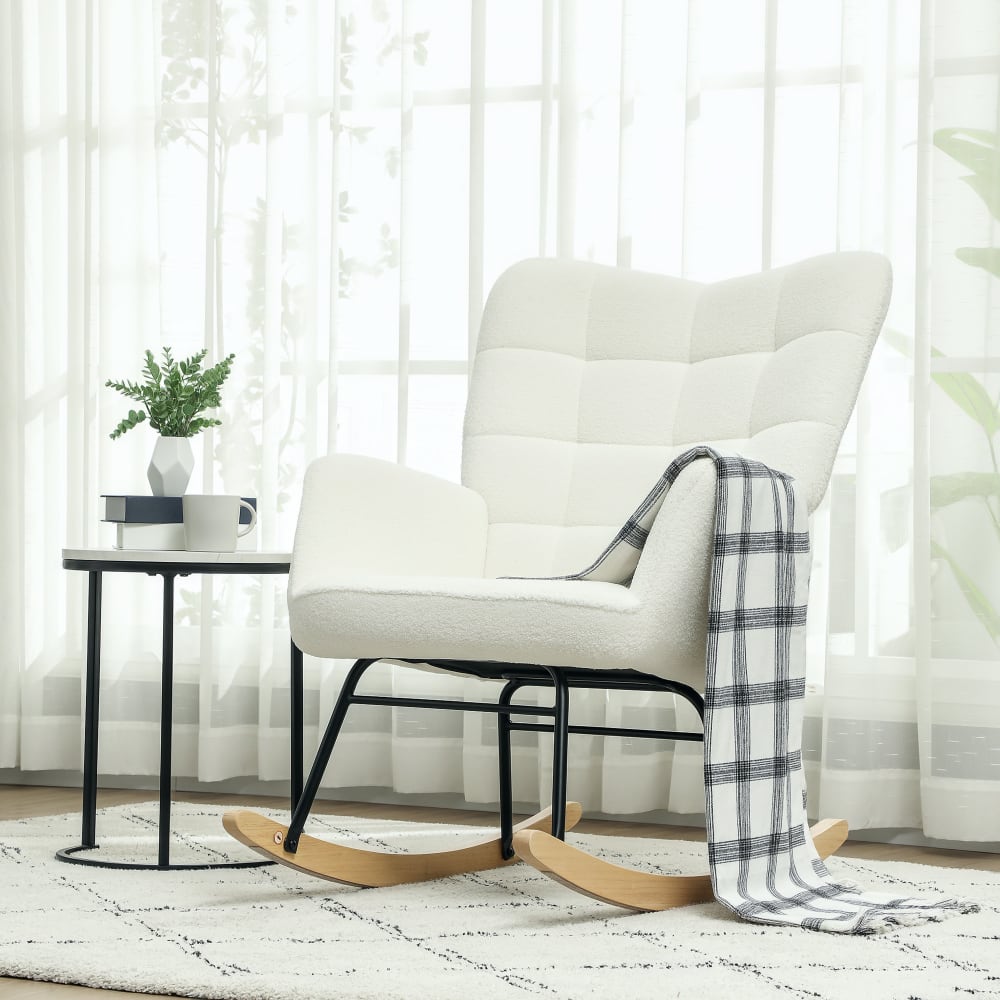 Fauteuil à bascule revêtement bouclette acier et bois massif blanc