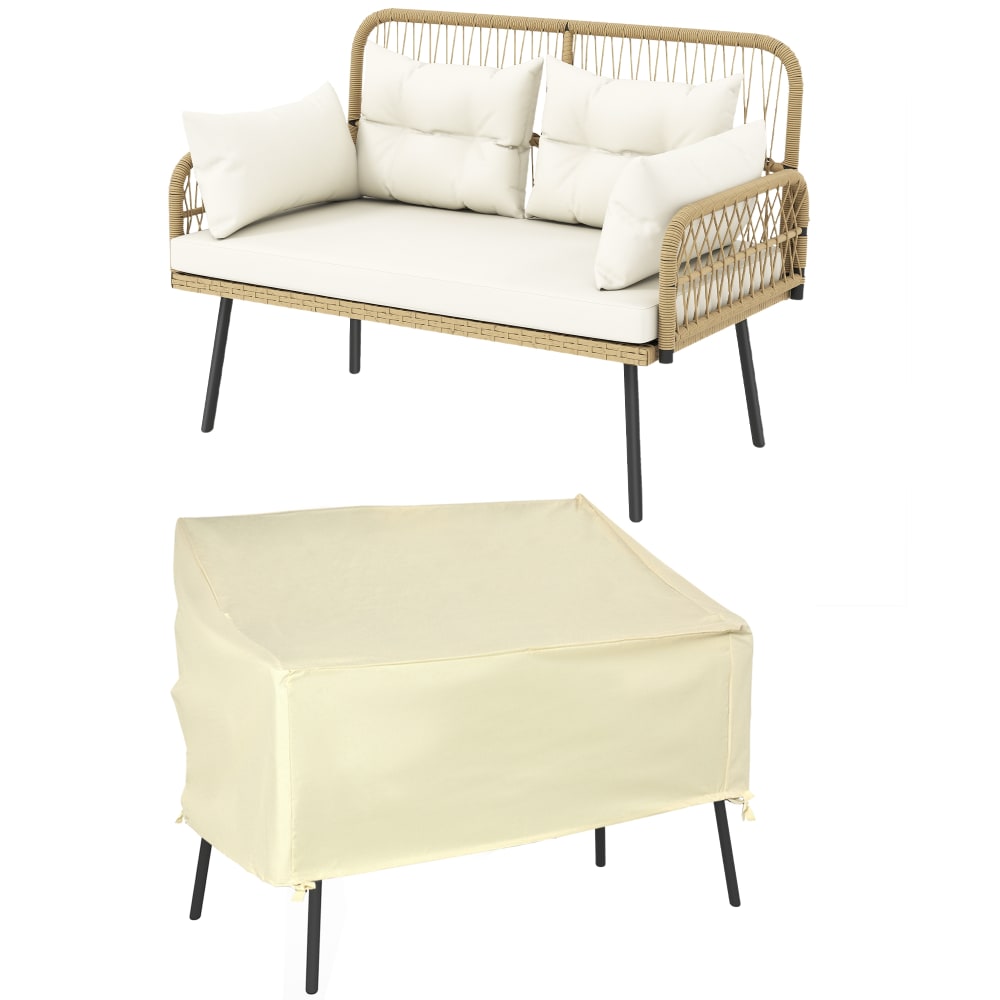 Canapé de jardin avec housse 2 places en résine tressée beige