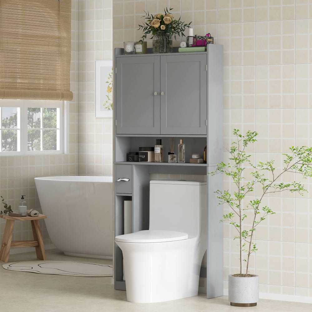 Meuble WC dessus de toilette ou machine à laver 2 portes MDF gris