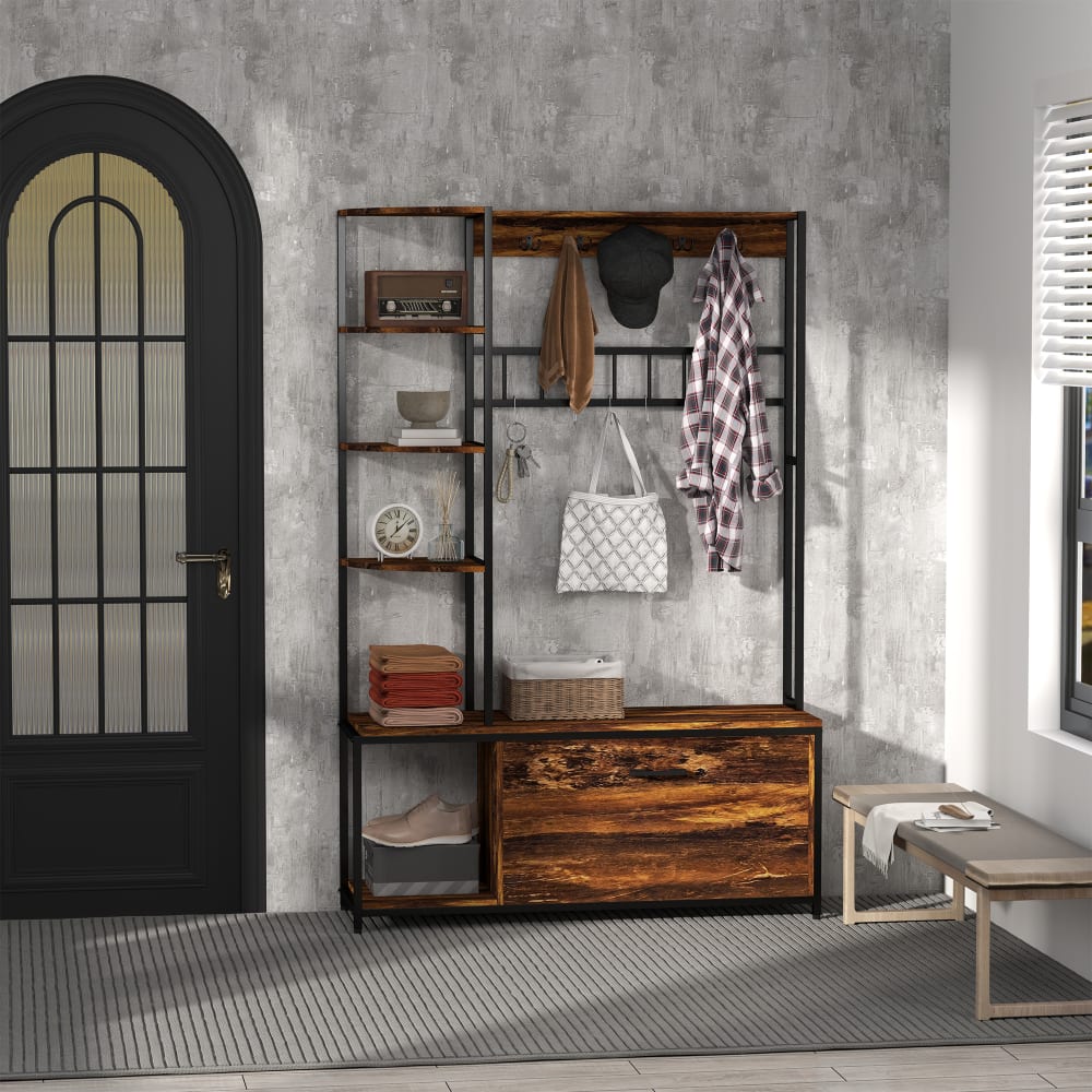 Porte-manteau étagère à chaussures 4 en 1 industriel métal marron