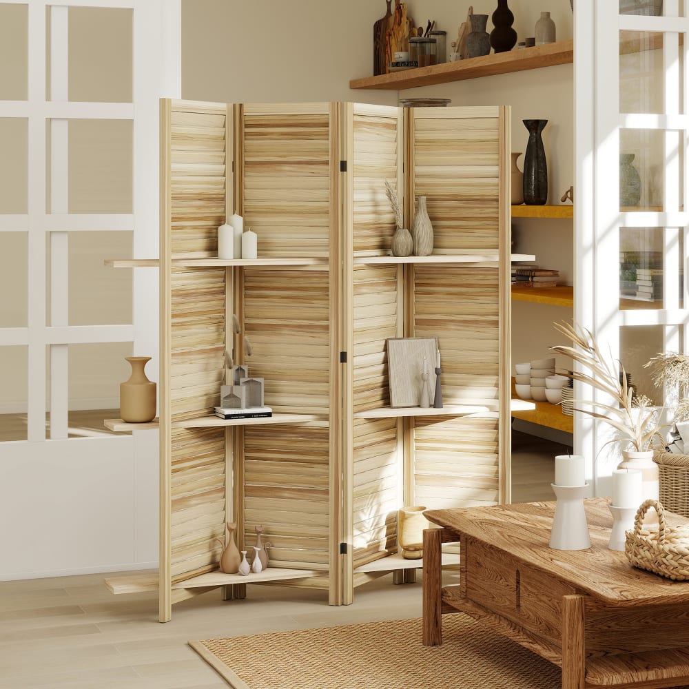 Paravent intérieur 4 panneaux 3 étagères en bois coloris grain de bois