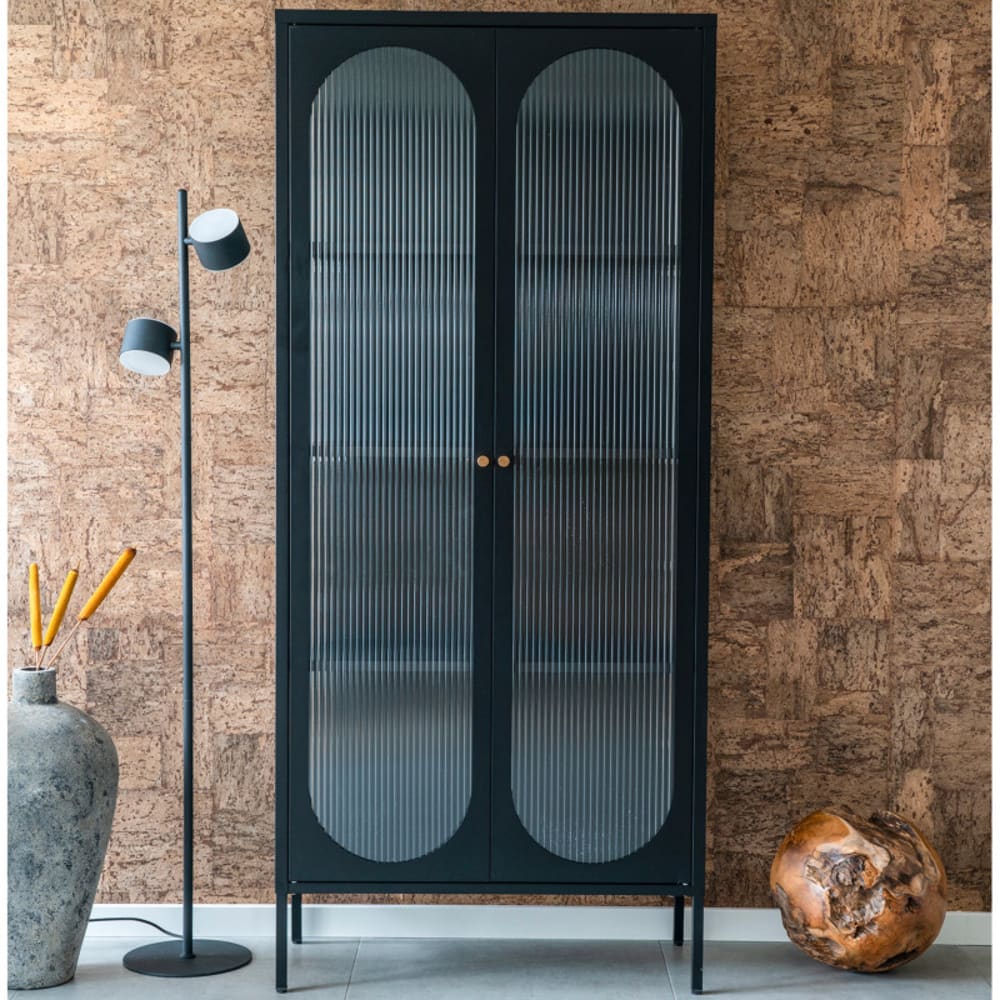 Vitrine 2 portes en verre ondulé et acier noir 90x180 cm