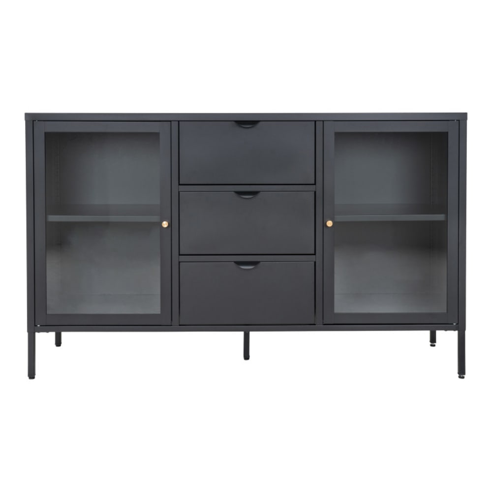 Buffet 2 portes vitrées, 3 tiroirs en métal noir 140x85 cm Buffet 2 portes vitrées, 3 tiroirs en métal noir 140x85 cm