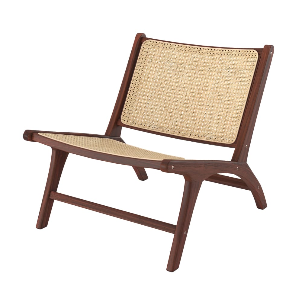 Fauteuil en bois de teck finition noyer et cannage en rotin