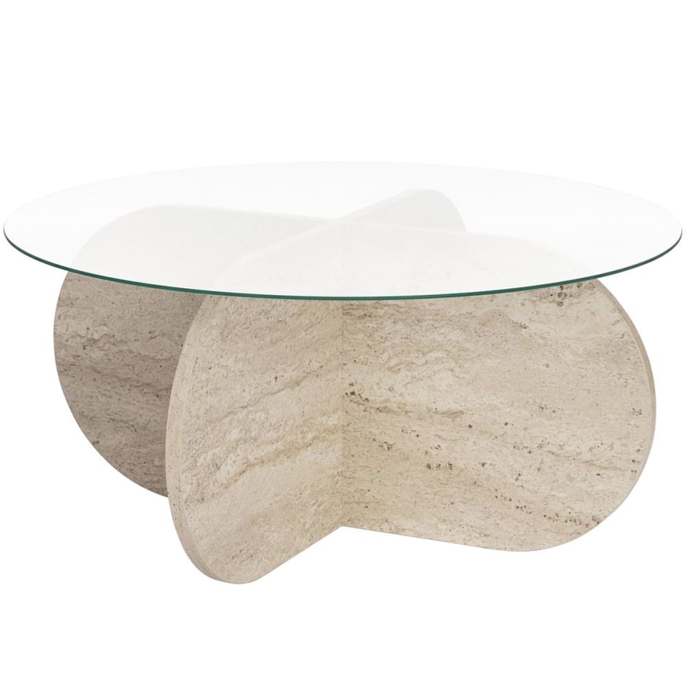 Table basse ronde effet travertin et verre ø75 cm