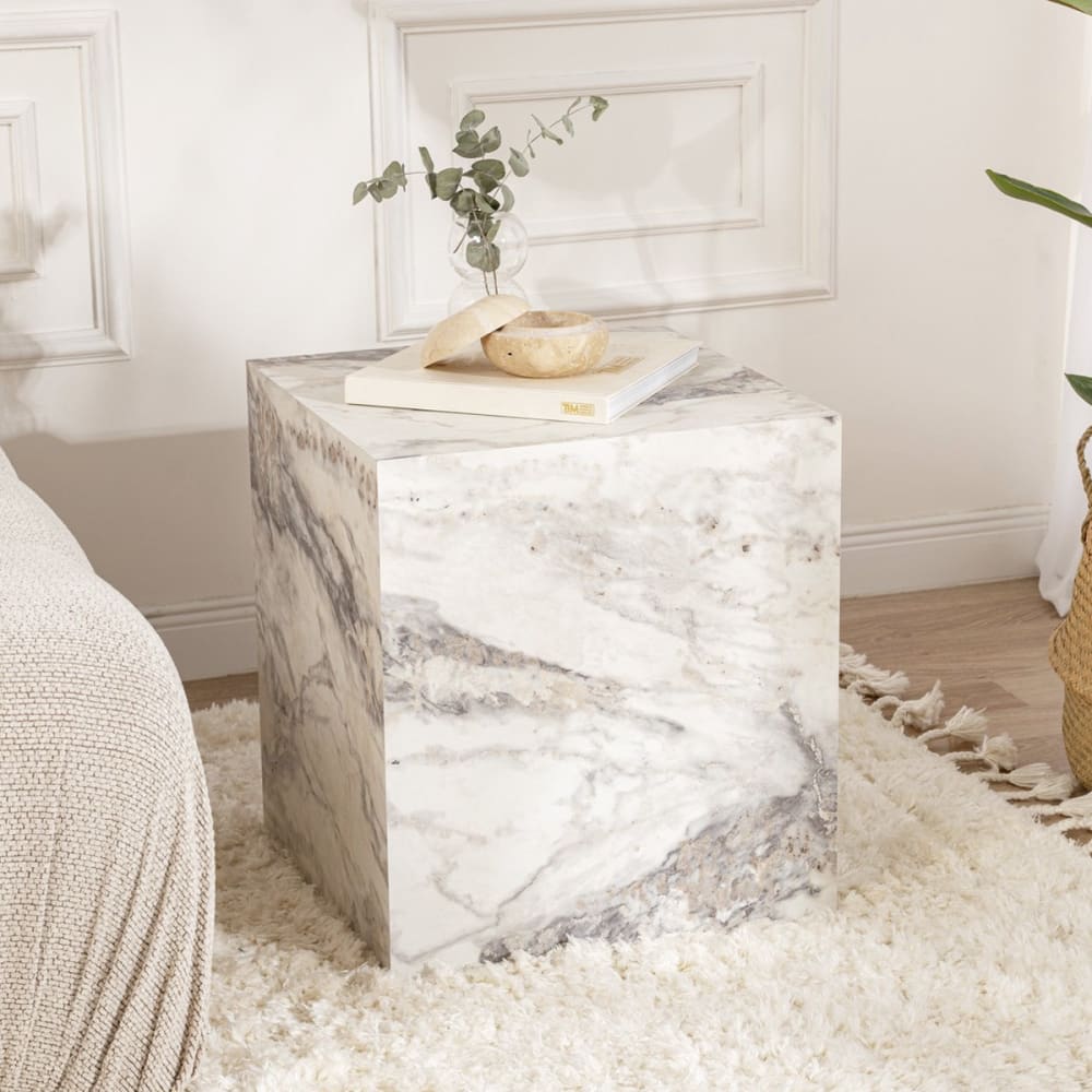 Table d'appoint cubique effet Marbre blanc 45 cm