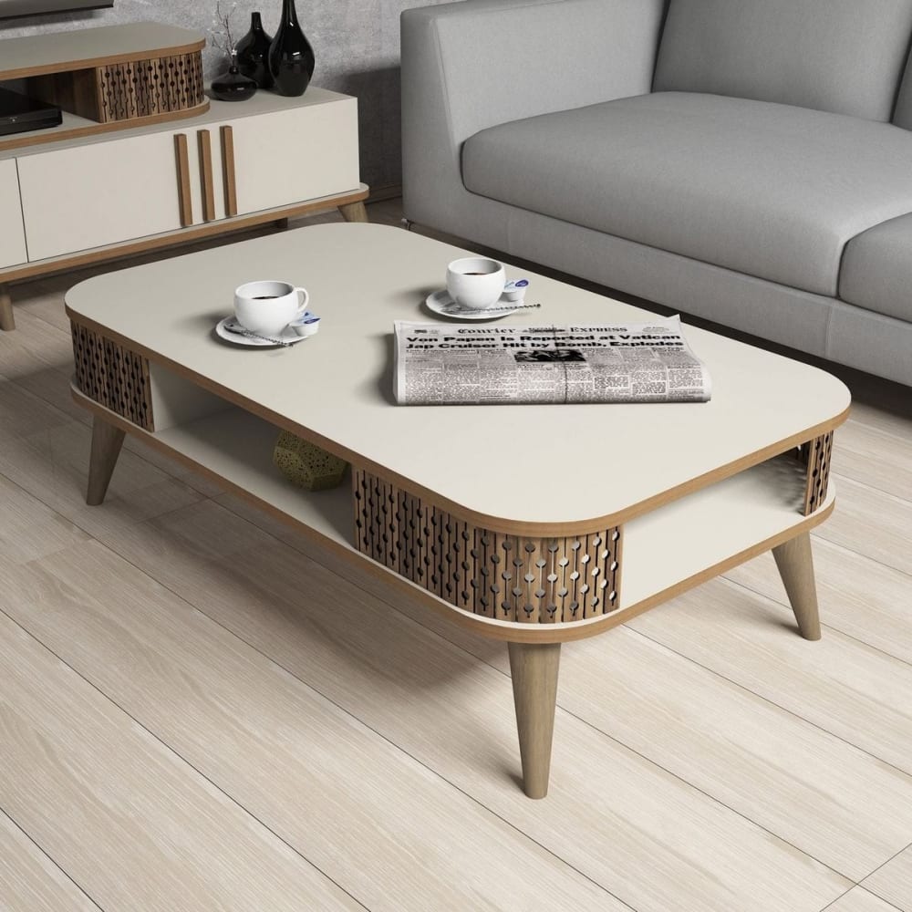Table basse avec niche de rangement beige & effet Chêne 105 cm