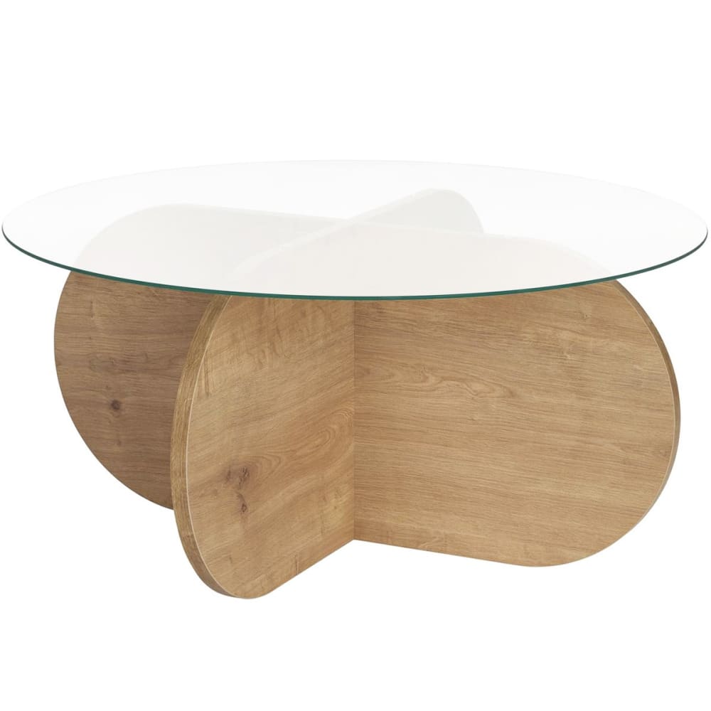 Table basse ronde effet Chêne clair et verre Ø75 cm