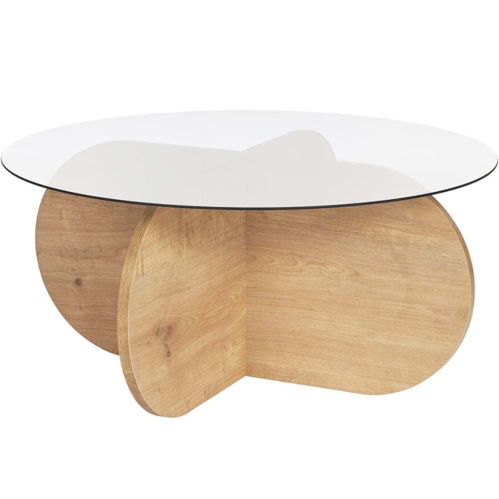 Table basse ronde effet Chêne clair et verre fumé Ø75 cm