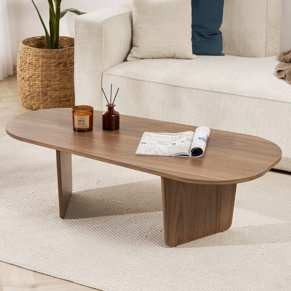 Table basse organique effet Noyer 130 cm