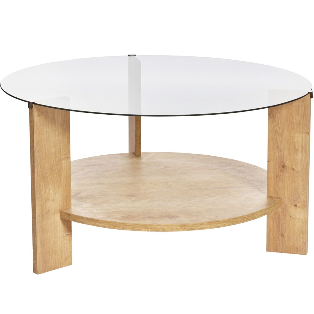 Table basse ronde effet Chêne et verre fumé Ø75 cm