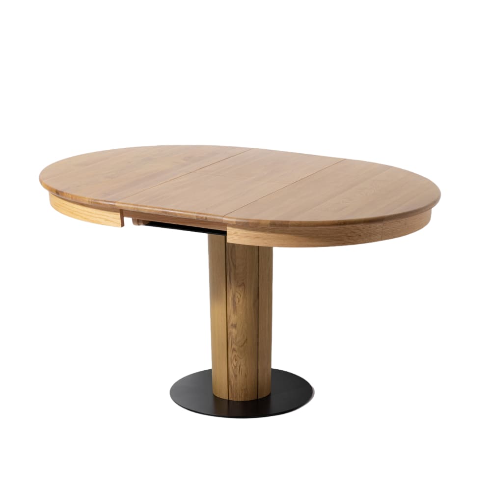 Table à manger ronde ø110, rallonge 40 cm, chêne massif, finition mate Table à manger ronde ø110, rallonge 40 cm, chêne massif, finition mate