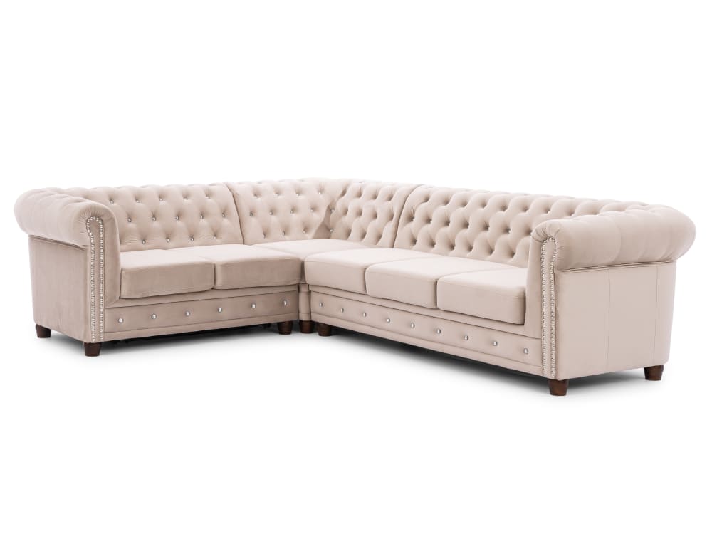 Canapé Chesterfield d’angle avec fonction lit en velours beige