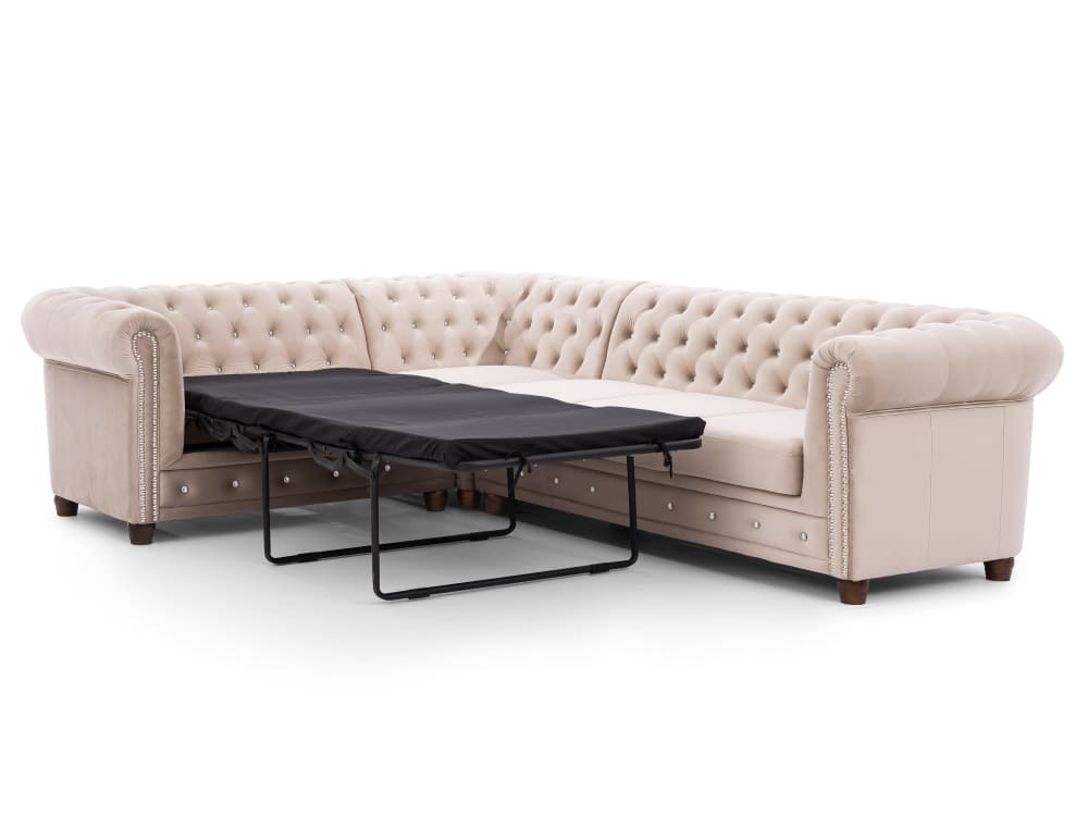 Canapé Chesterfield d’angle avec fonction lit en velours beige