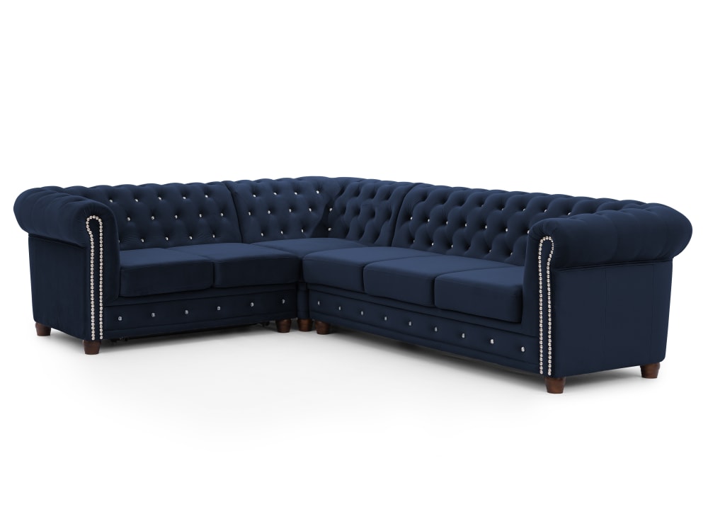 Canapé Chesterfield d’angle avec fonction lit en velours bleu marine
