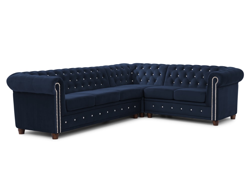 Canapé Chesterfield d’angle avec fonction lit en velours bleu marine