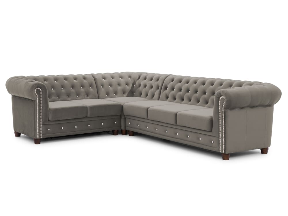 Canapé Chesterfield d’angle avec fonction lit en velours gris