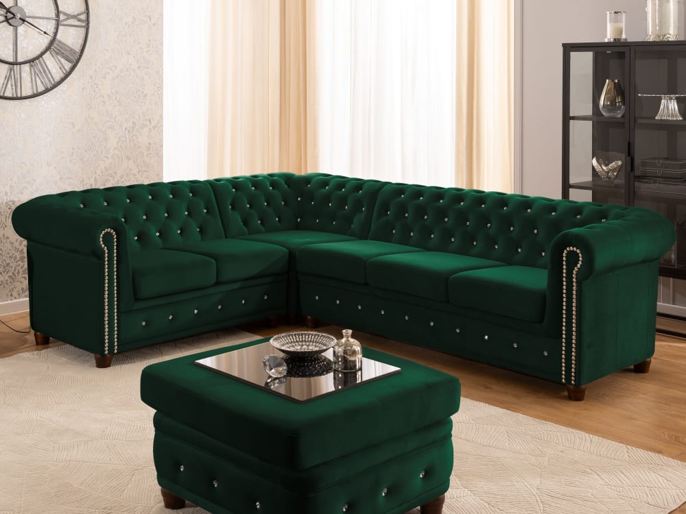 Canapé Chesterfield d’angle en velours vert bouteille