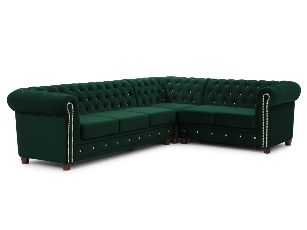 Canapé Chesterfield d’angle avec fonction lit en velours vert