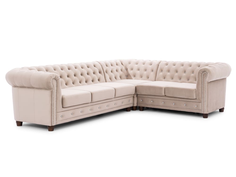 Canapé Chesterfield d’angle avec fonction lit en velours beige