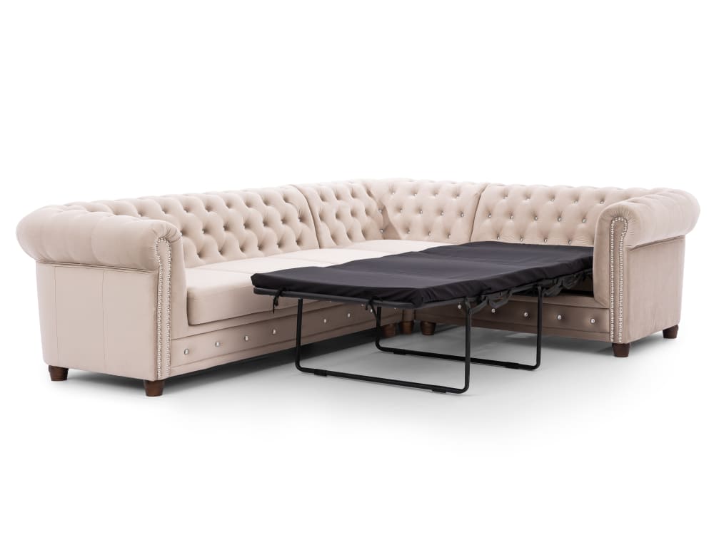 Chesterfield Ecksofa L-Form mit Schlaffunktion aus Beige Samt -