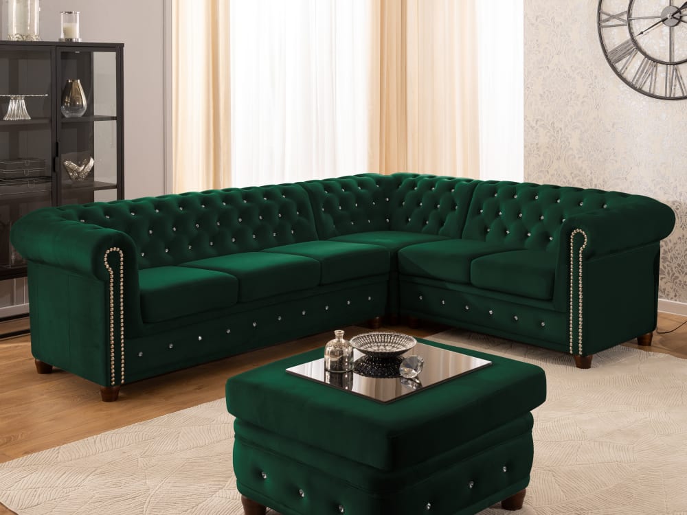 Canapé Chesterfield d’angle en velours vert bouteille