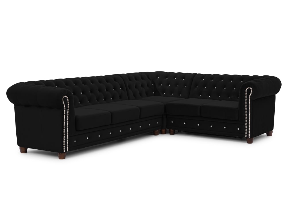 S-Style Chesterfield Ecksofa L-Form mit Schlaffunktion aus Schwarz Samt style classic chic Schwarz Holz