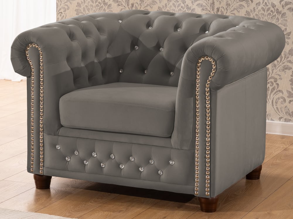 Chesterfield Sessel aus Grau Samt mit Kristallsteppung - Maisons