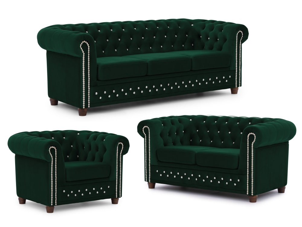 Ensemble de canapé Chesterfield 3+2+1 en velours bouteille verte