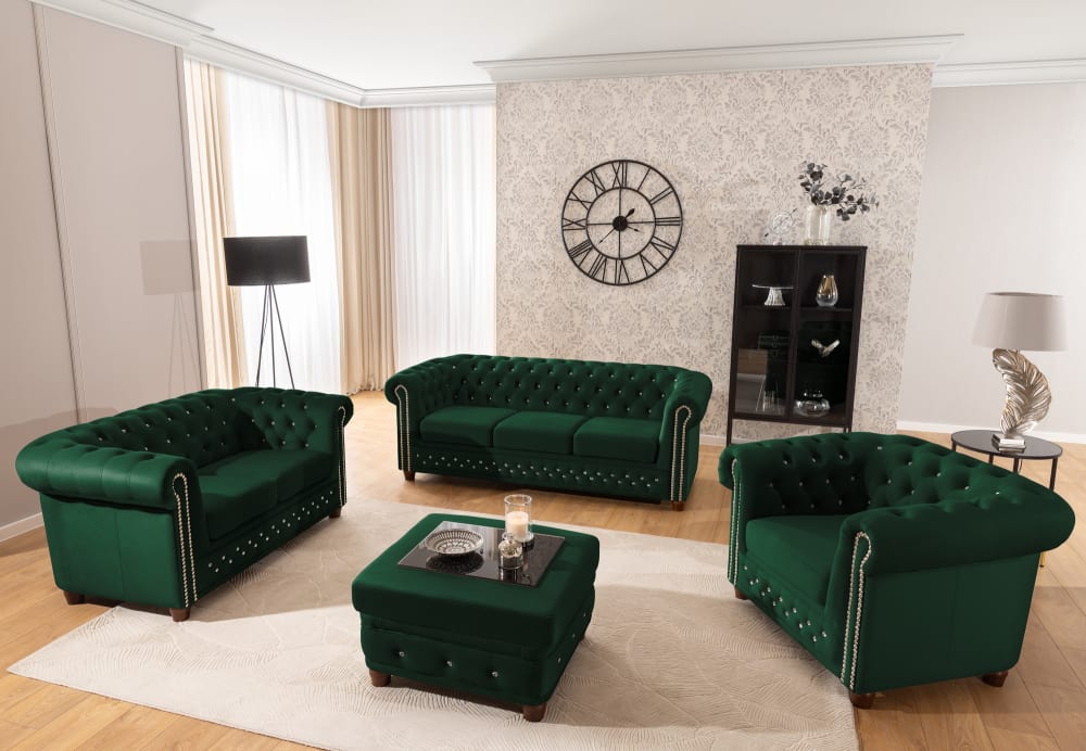 Ensemble de canapé Chesterfield 3+2+1 en velours bouteille verte