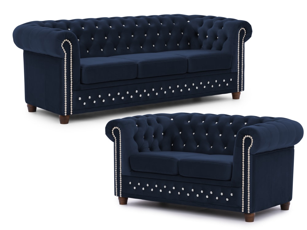 Ensemble de canapé Chesterfield 3+2 en velours bleu marine