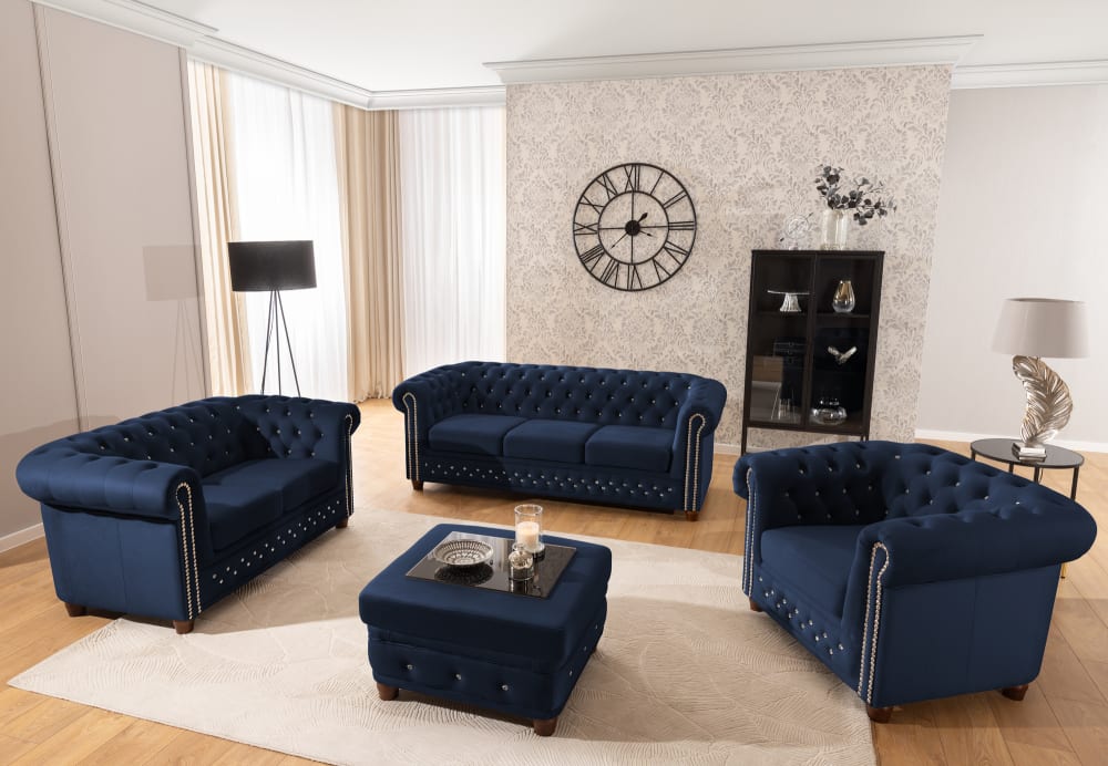 Chesterfield Polstergarnitur 3+2 aus Blau Samt - Maisons Du Monde