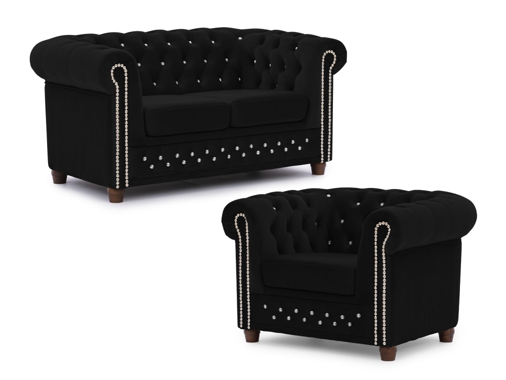 Ensemble de canapé Chesterfield 2+1 en velours noir