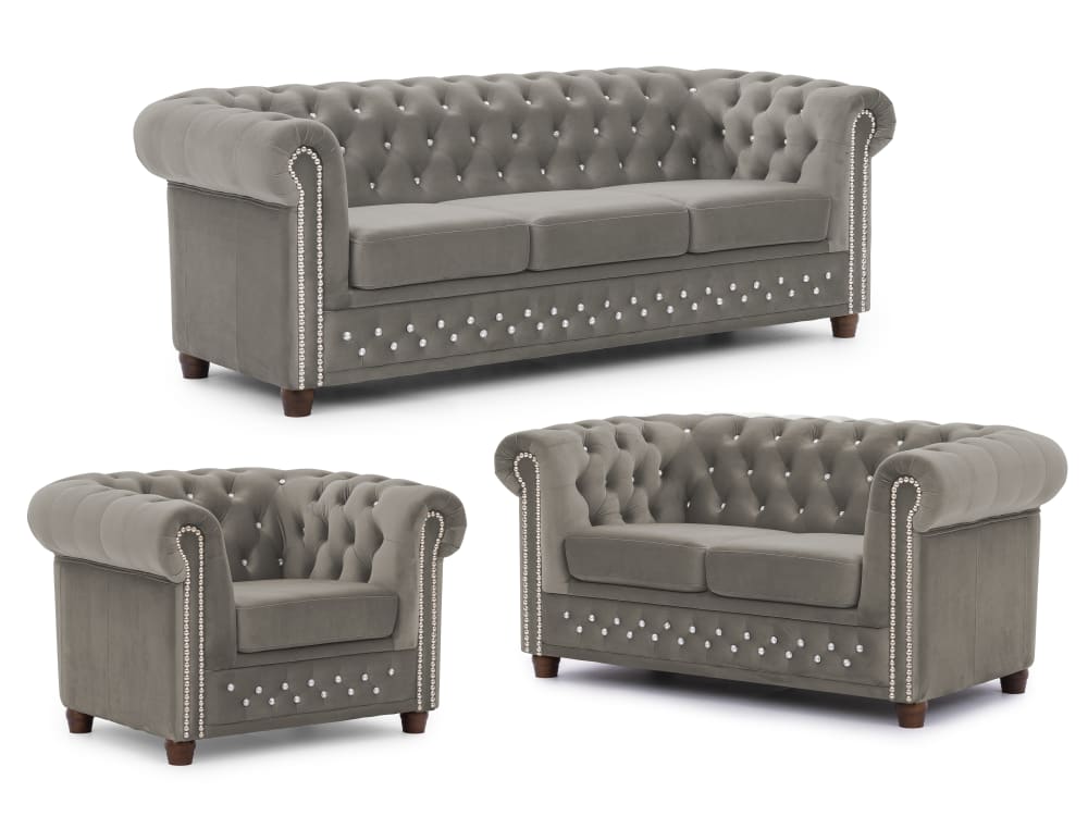 S-Style Chesterfield Polstergarnitur 3+2+1 aus Grau Samt style classic chic Grau Holz