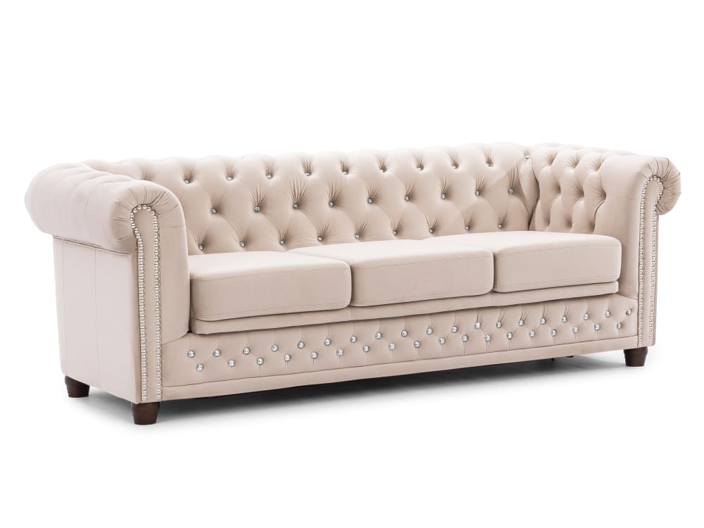 Canapé 3 places Chesterfield en velours beige avec fonction lit