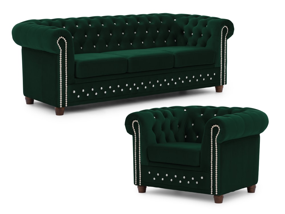 Ensemble de canapé Chesterfield 3+1 en velours bouteille verte